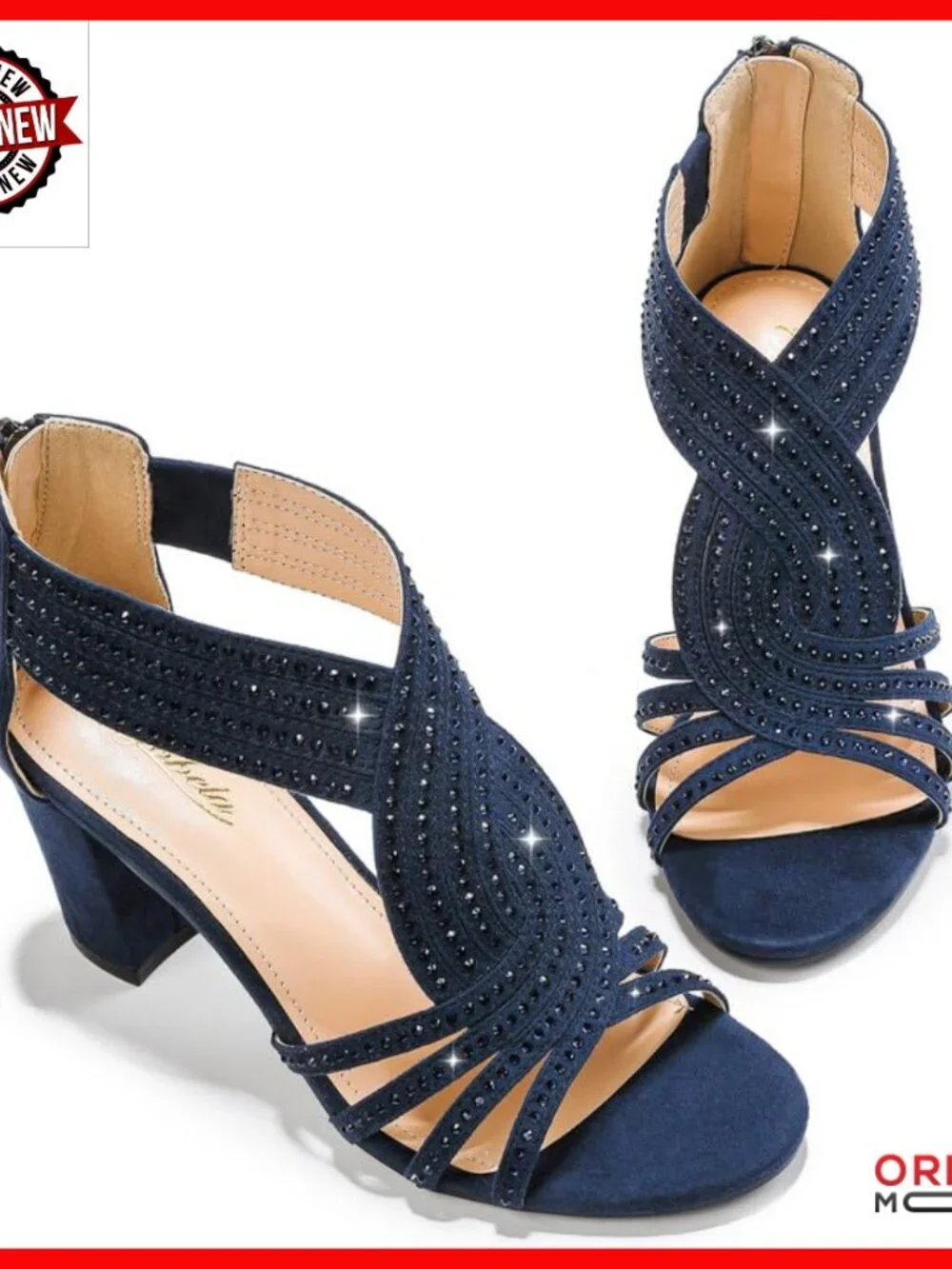 Rhinestone Sparkly Chunky Block Heel Sandals Open Toe Dressy Shoes Zipper